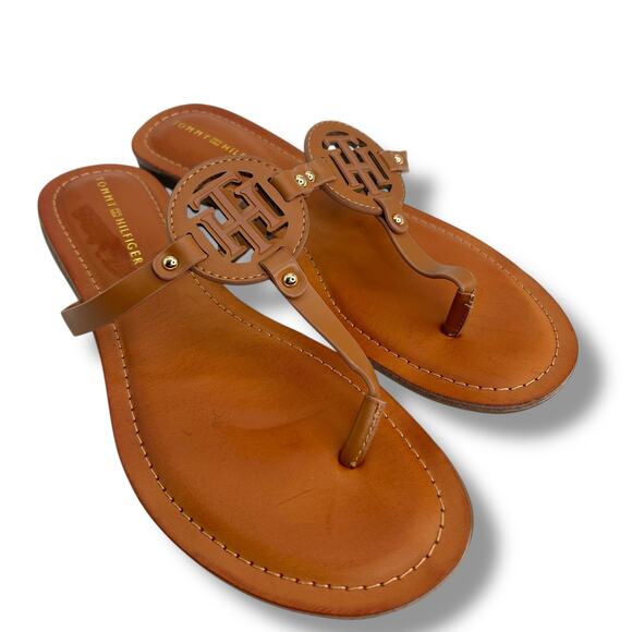 Tommy Hilfiger Logo Sandals Size 10 Brown Litzy T-Strap Flip Flop Flat Thong EUC - Picture 4 of 10